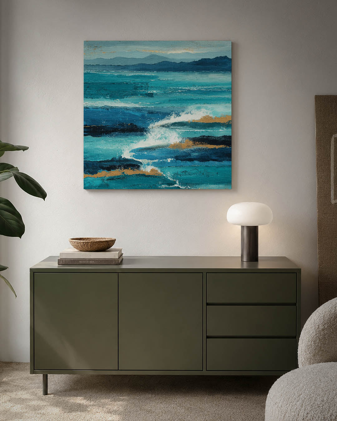 Dynamische zeegezichten kunstwerk – detailweergave – dit kunstwerk toont krachtige golven in levendige blauwtinten
