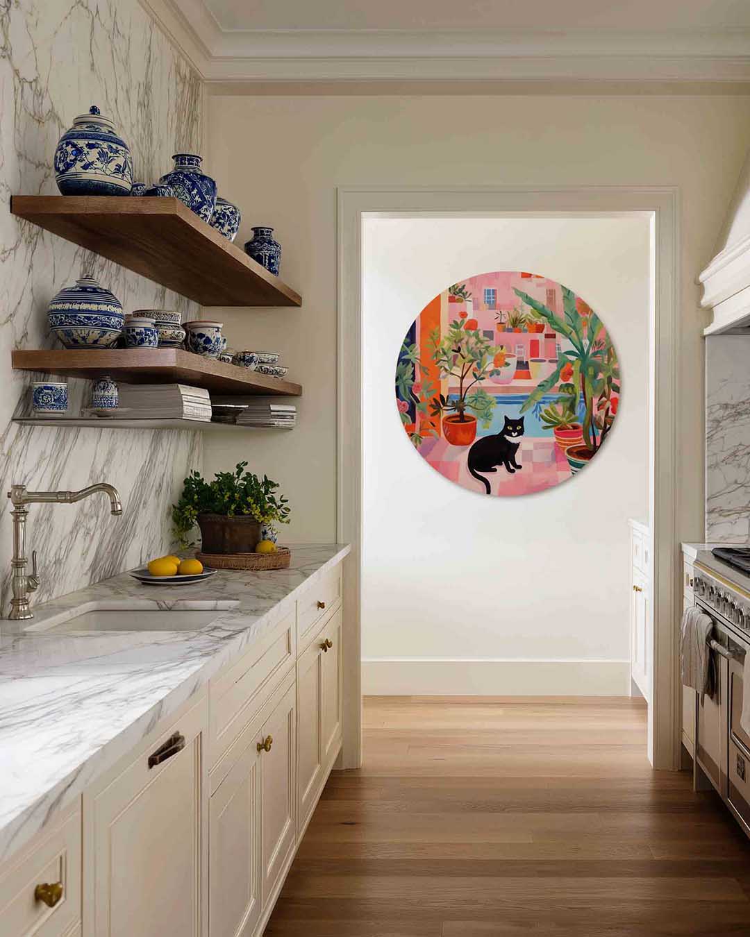 Zwarte kat en planten – moderne abstracte muurcirkel voor aan de muur