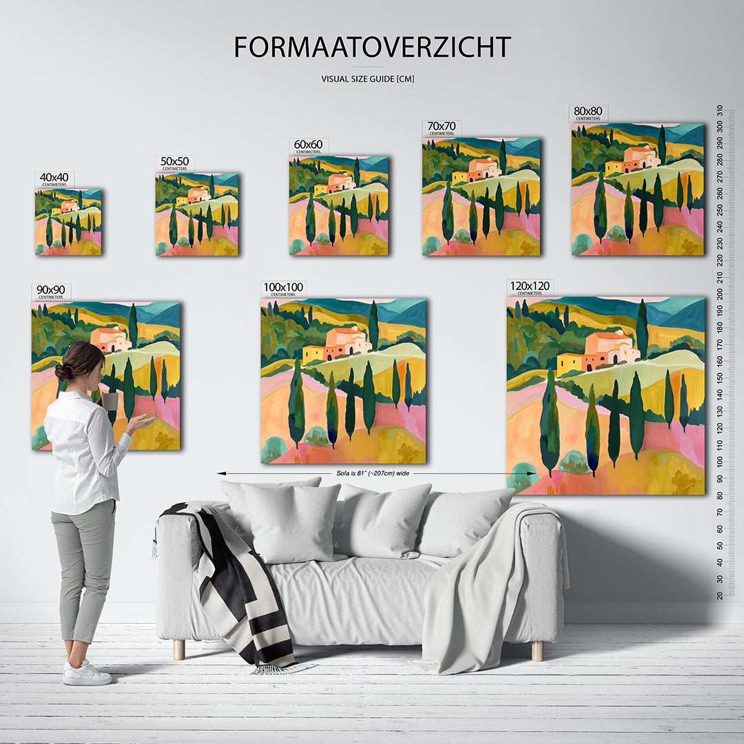 Landschap met heuvels kunstwerk – materiaalweergave – dit werk toont een glooiend landschap met cipressen en een huis. De