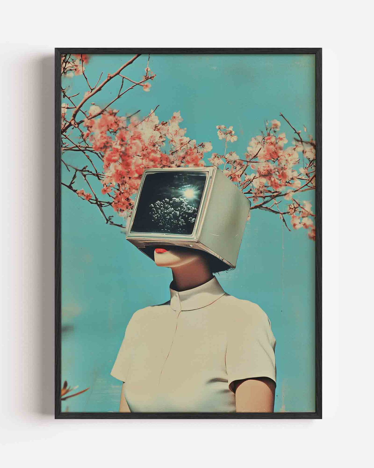 Vrouw met monitorhoofd – surrealistische portret poster als wanddecoratie
