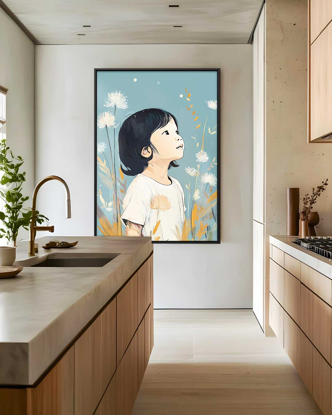 Dromerig Kind in Bloeiende Natuur – modern portret kunstwerk van WallArtistic
