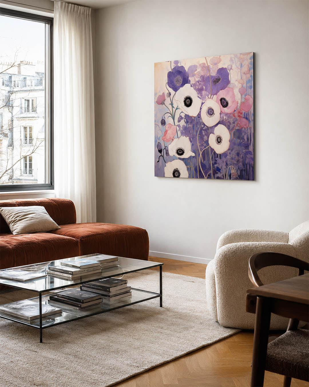 Bloemrijke harmonie kunstwerk – vierkante wanddecoratie – dit kunstwerk toont een levendig samenspel van bloemen in zachte