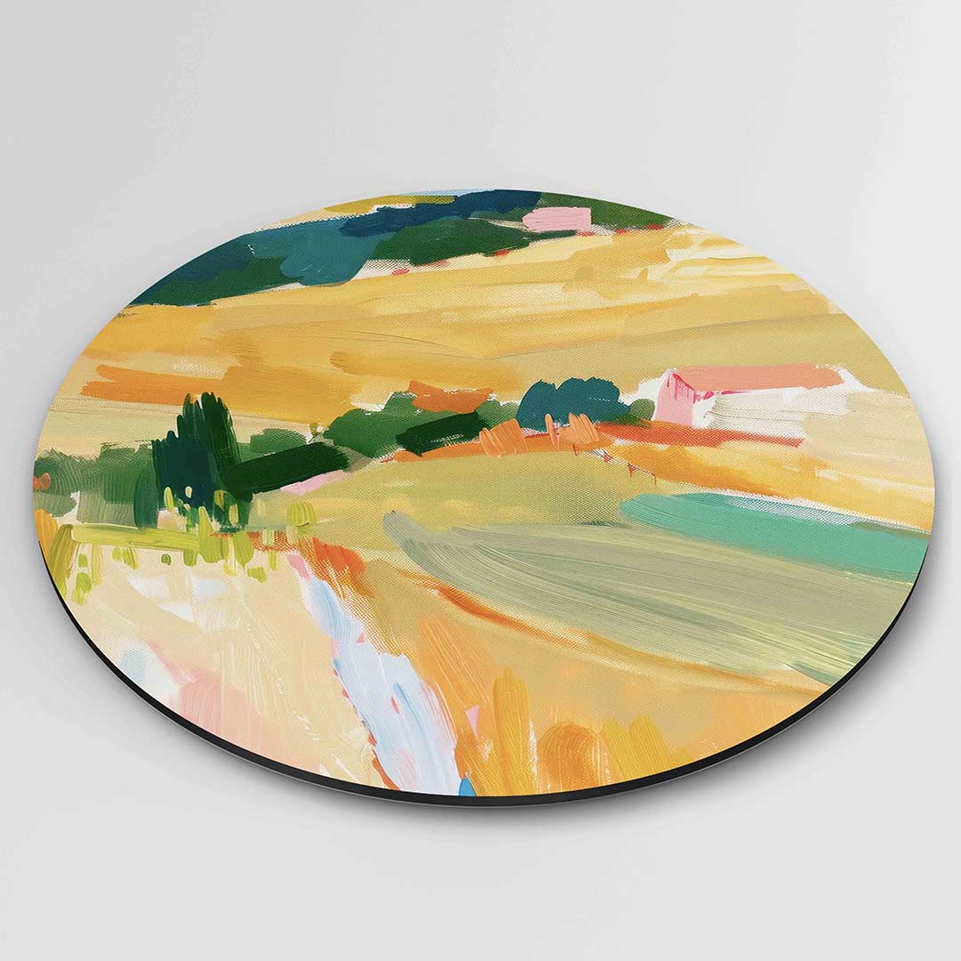 Landschap in warme tinten – kleurrijke ronde wanddecoratie van WallArtistic