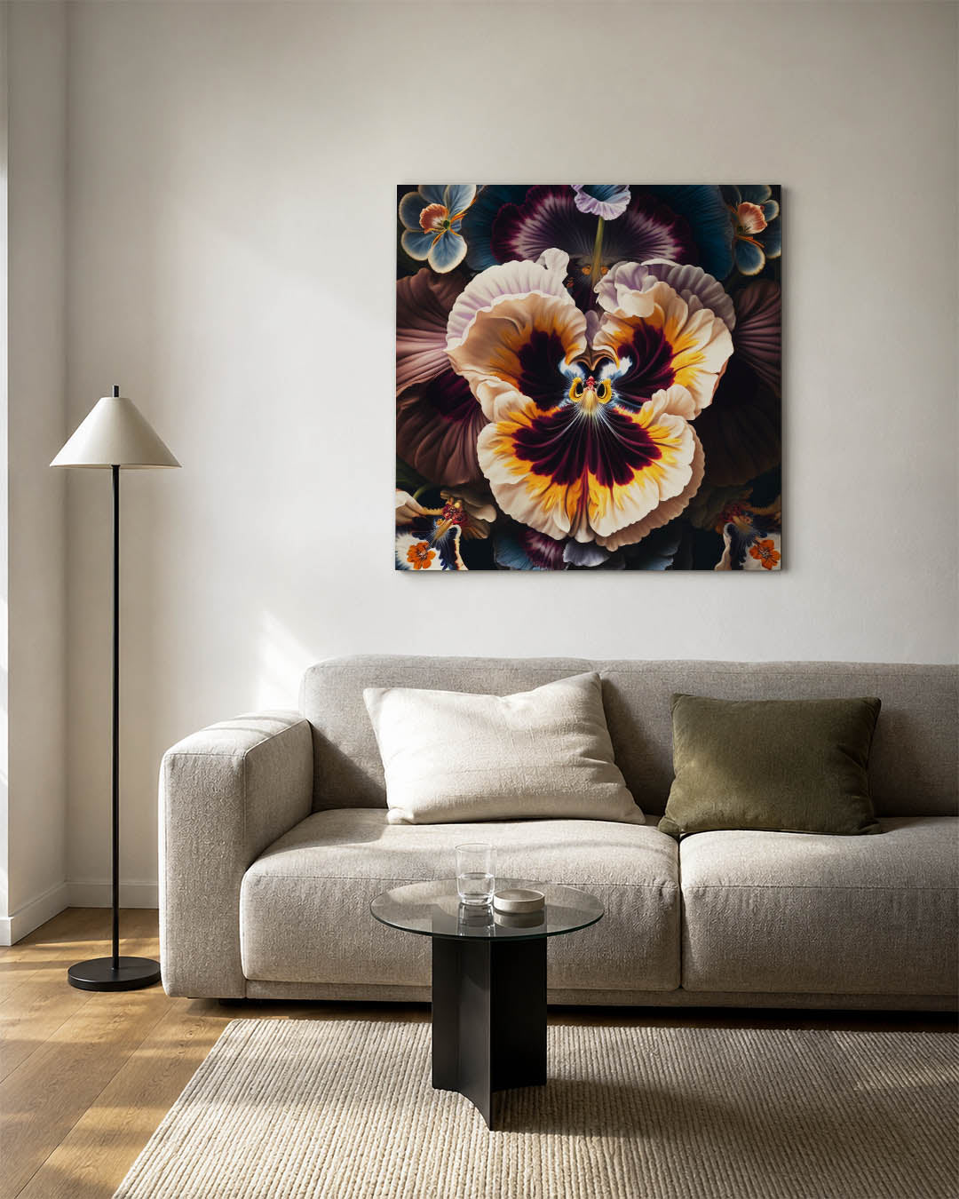 Bloemrijke harmonie kunstwerk – detailweergave – dit kunstwerk toont een weelderige compositie van bloemen met vloeiende