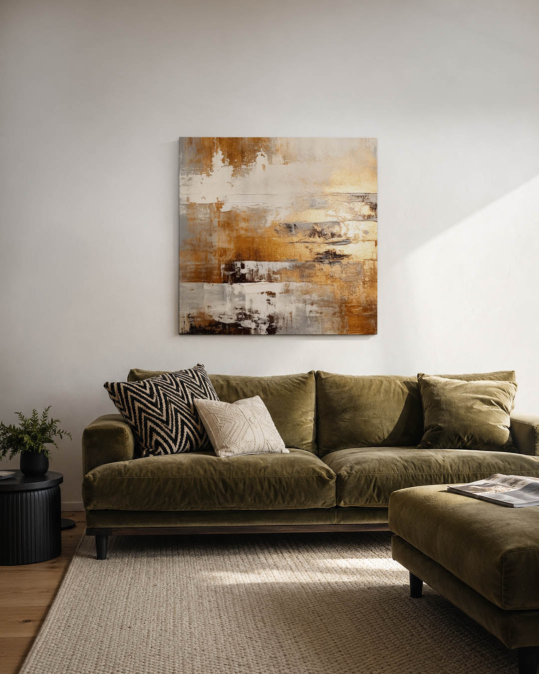 Gelaagde kleurencompositie kunstwerk – derde productweergave – dit werk toont een dynamische mix van beige, bruin en wit, met