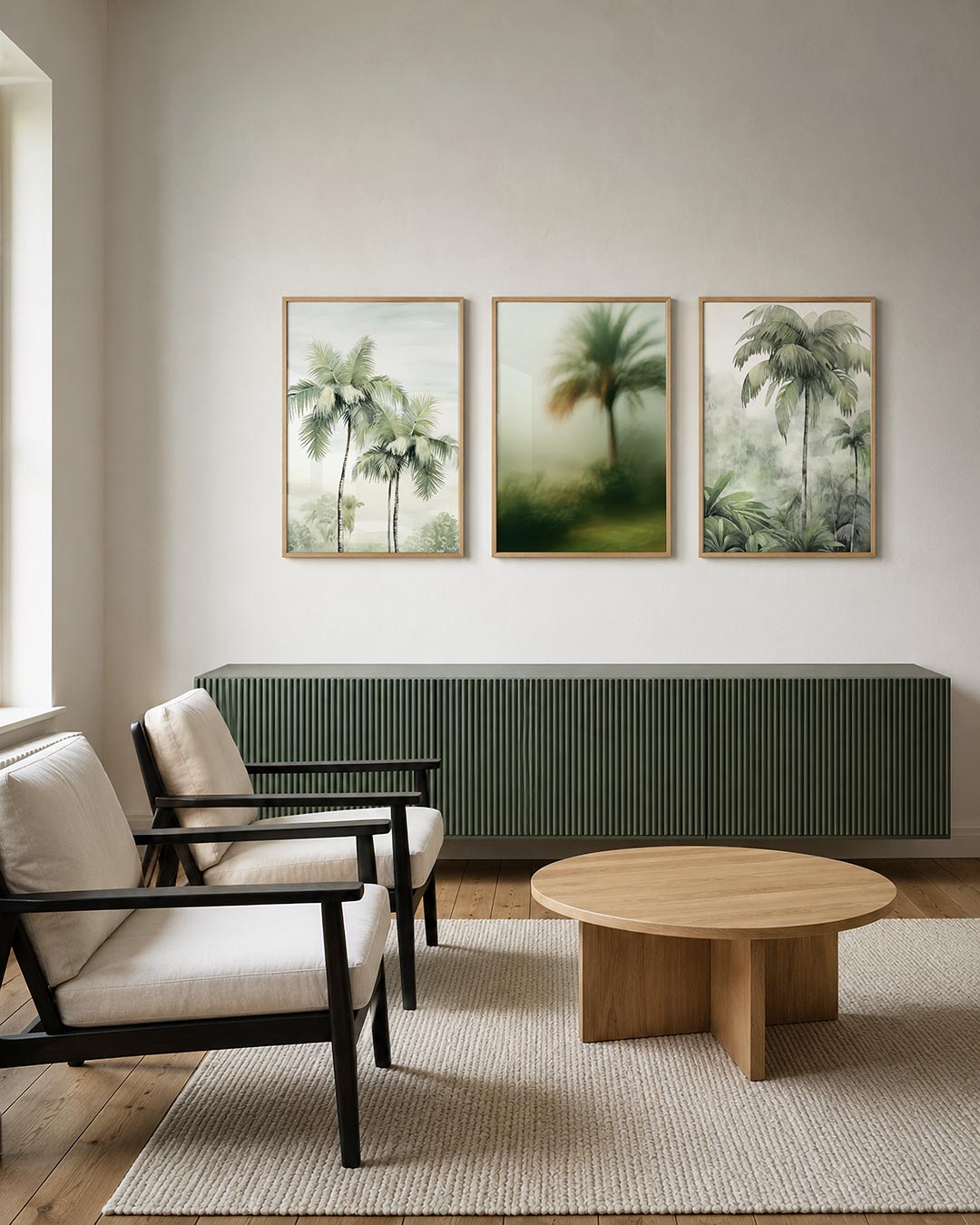 Tropische sereniteit posterset – tweede productweergave – deze posterset in drie delen toont slanke palmbomen tegen