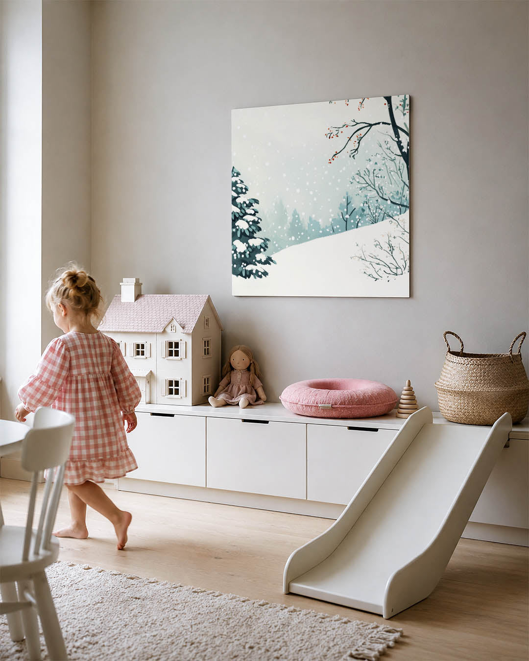 Winterlandschap met sneeuw kunstwerk – tweede productweergave – dit werk toont een serene winterse scène met besneeuwde bomen