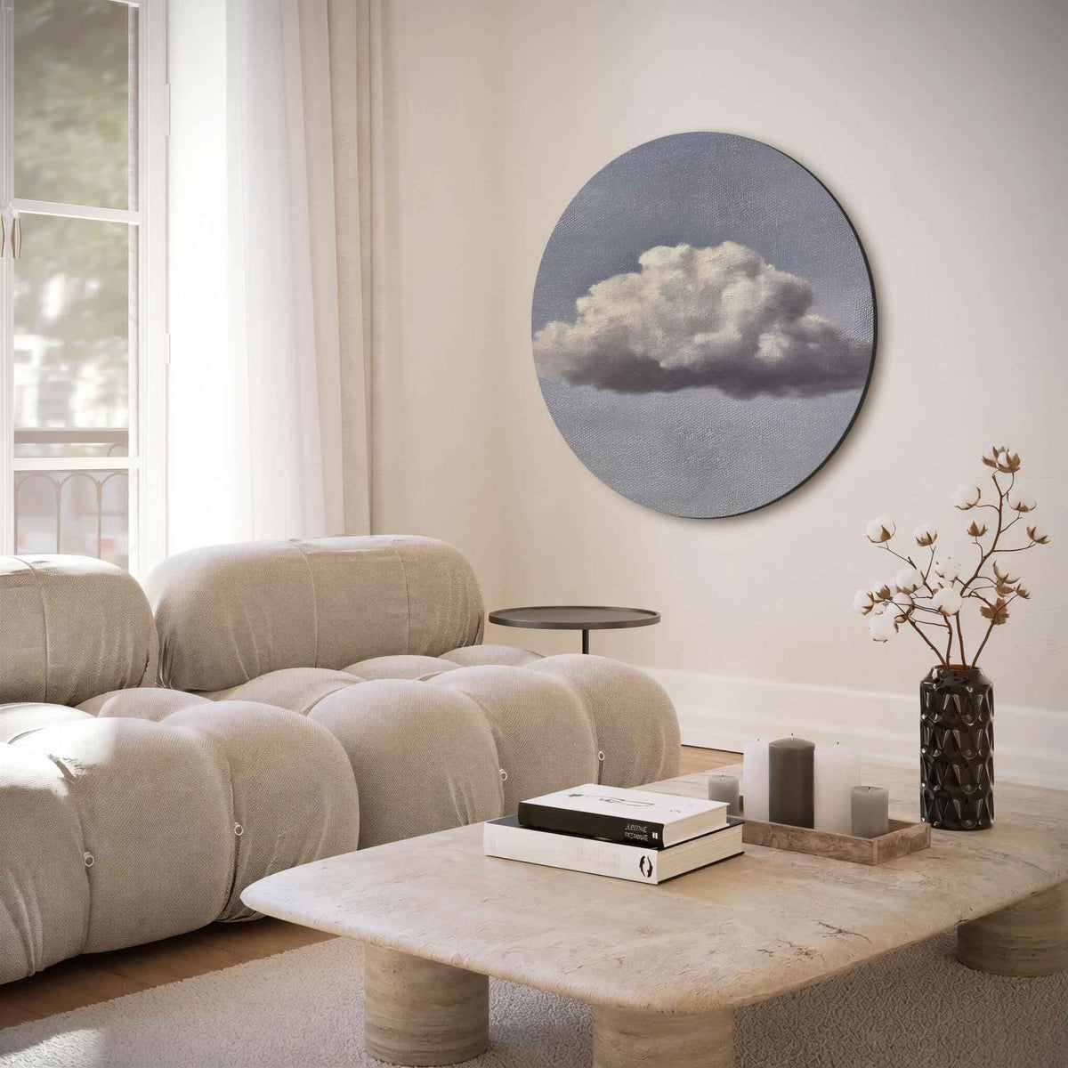 Wolk op blauwe achtergrond – moderne abstracte muurcirkel voor aan de muur