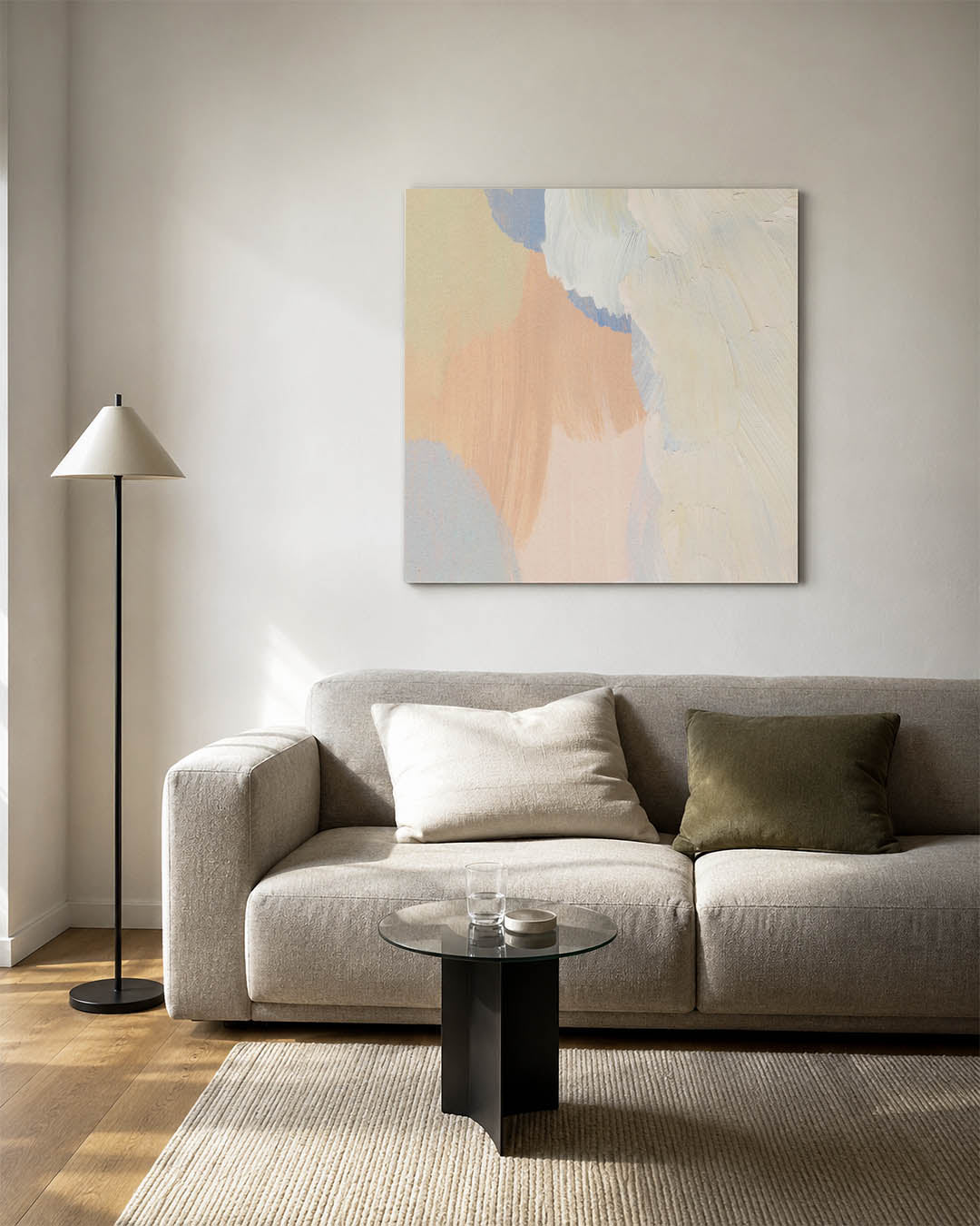 Zachte kleuren harmonie kunstwerk – detailweergave – dit werk toont vloeiende penseelstreken in zachte tinten. De kleuren