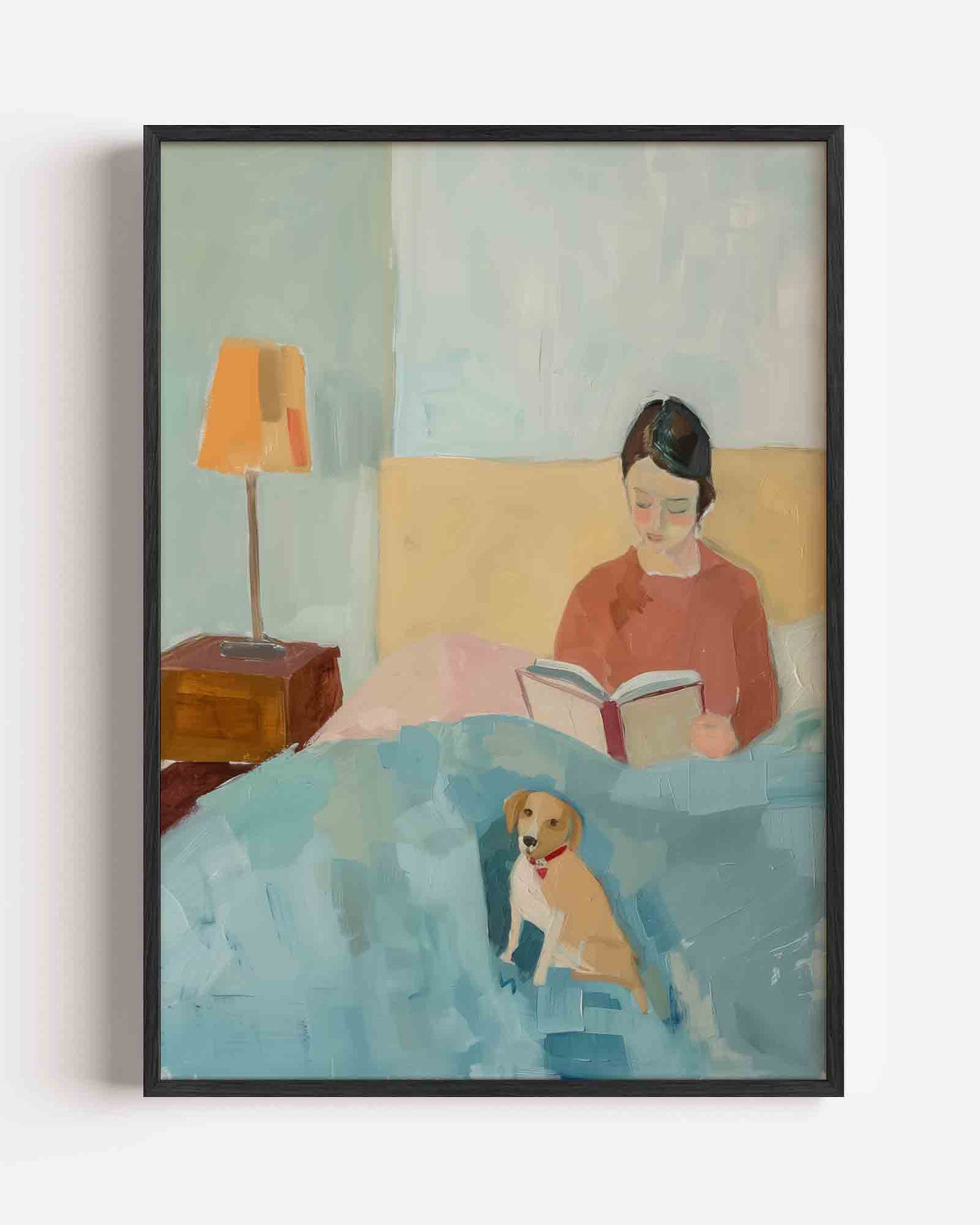 Lezende vrouw met hond – hedendaagse illustratie portret poster als wanddecoratie
