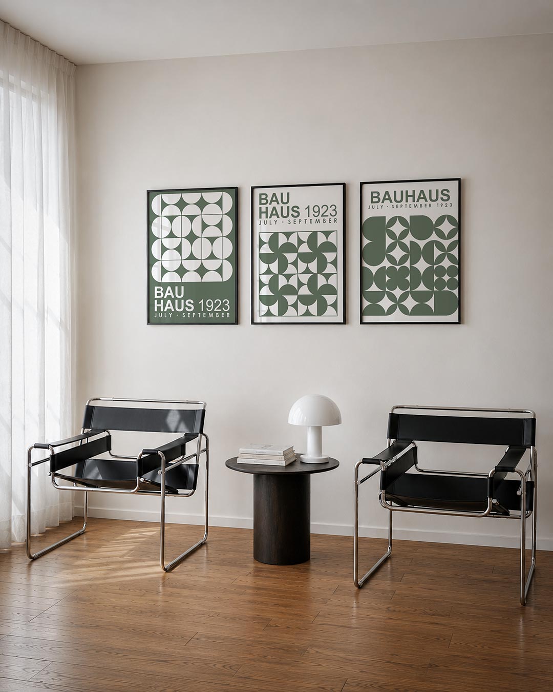 Cirkelpatroon en lijnen posterset – tweede productweergave – deze posterset toont een ritmisch spel van halve cirkels en
