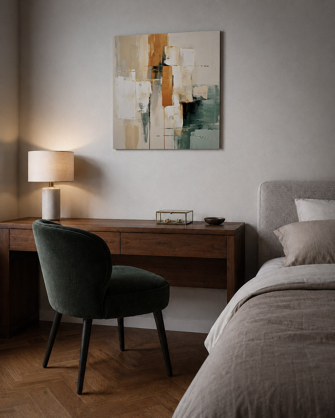 Geometrische kleurencompositie kunstwerk – sfeerbeeld – dit werk toont een dynamische mix van rechthoekige vormen in beige