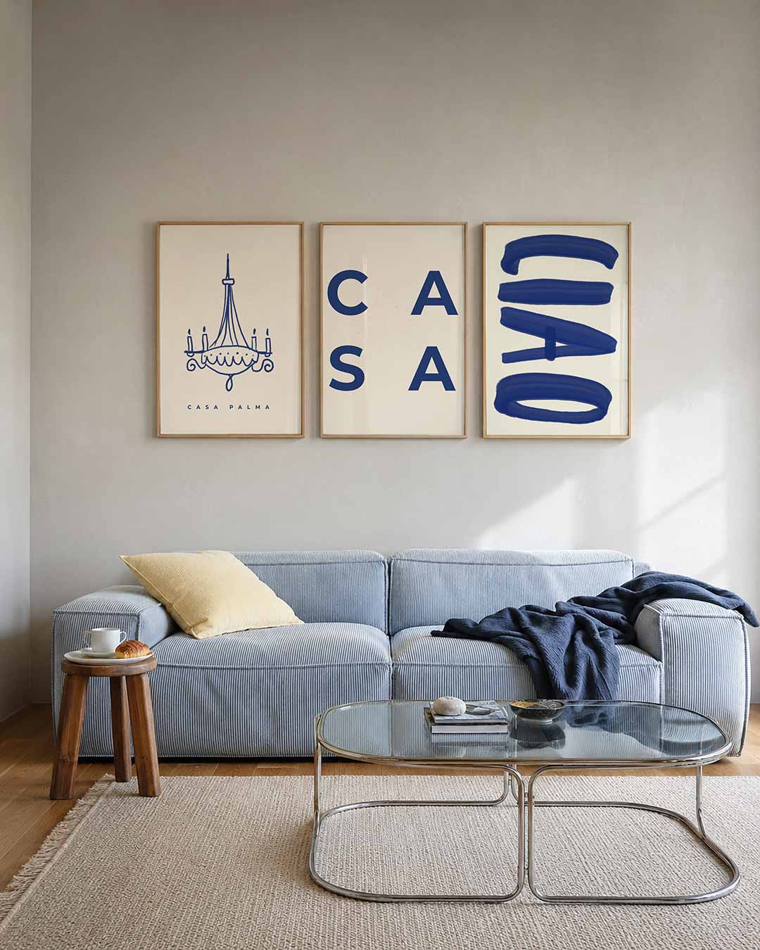 Lijnenspel kroonluchter posterset – tweede productweergave – een eenvoudige tekening van een kroonluchter in blauw op