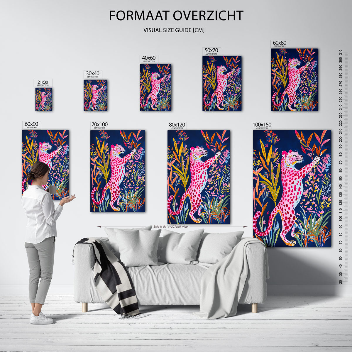 Roze luipaard met bloemen – staande muurposter met dierenthema