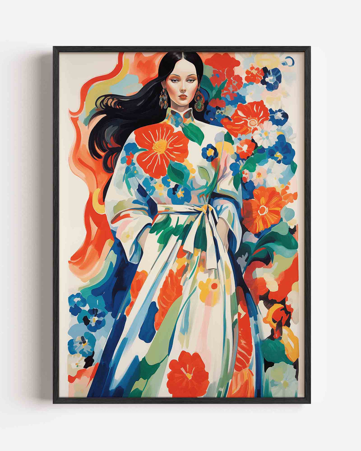 Vrouw met bloemenjurk – botanische portret poster als wanddecoratie