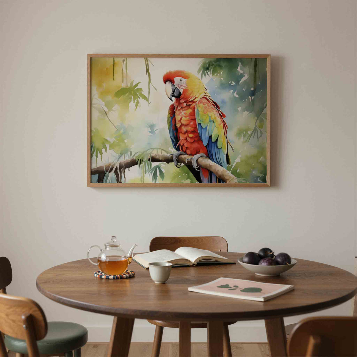 Papegaai op tak – liggende jungle wanddecoratie van WallArtistic