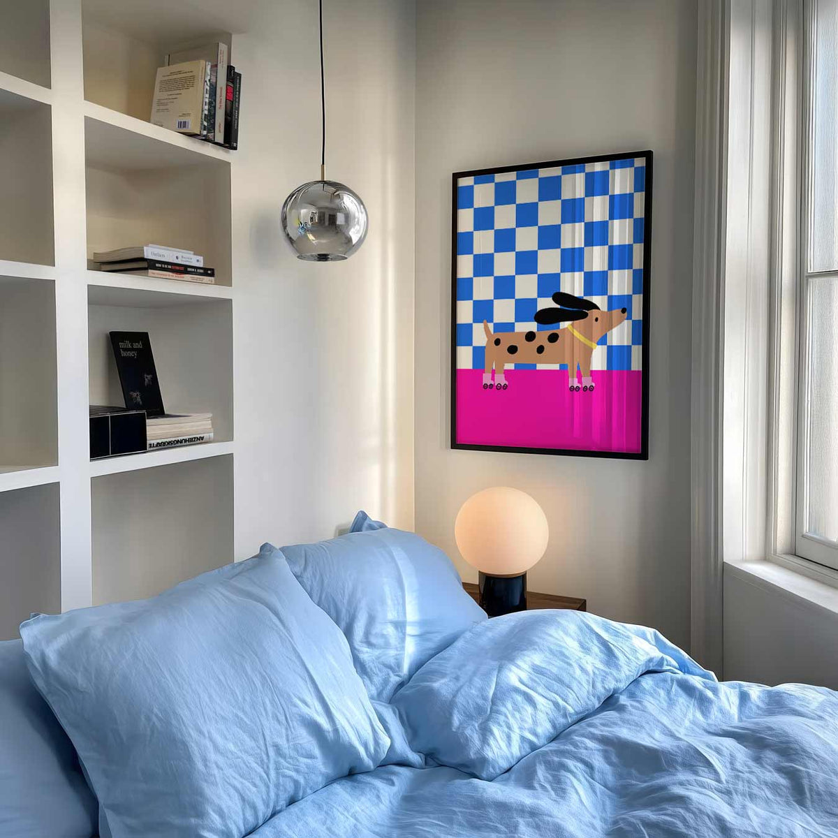 Trendy Dashond op Skates – speelse wandkunst als portret kinderposter