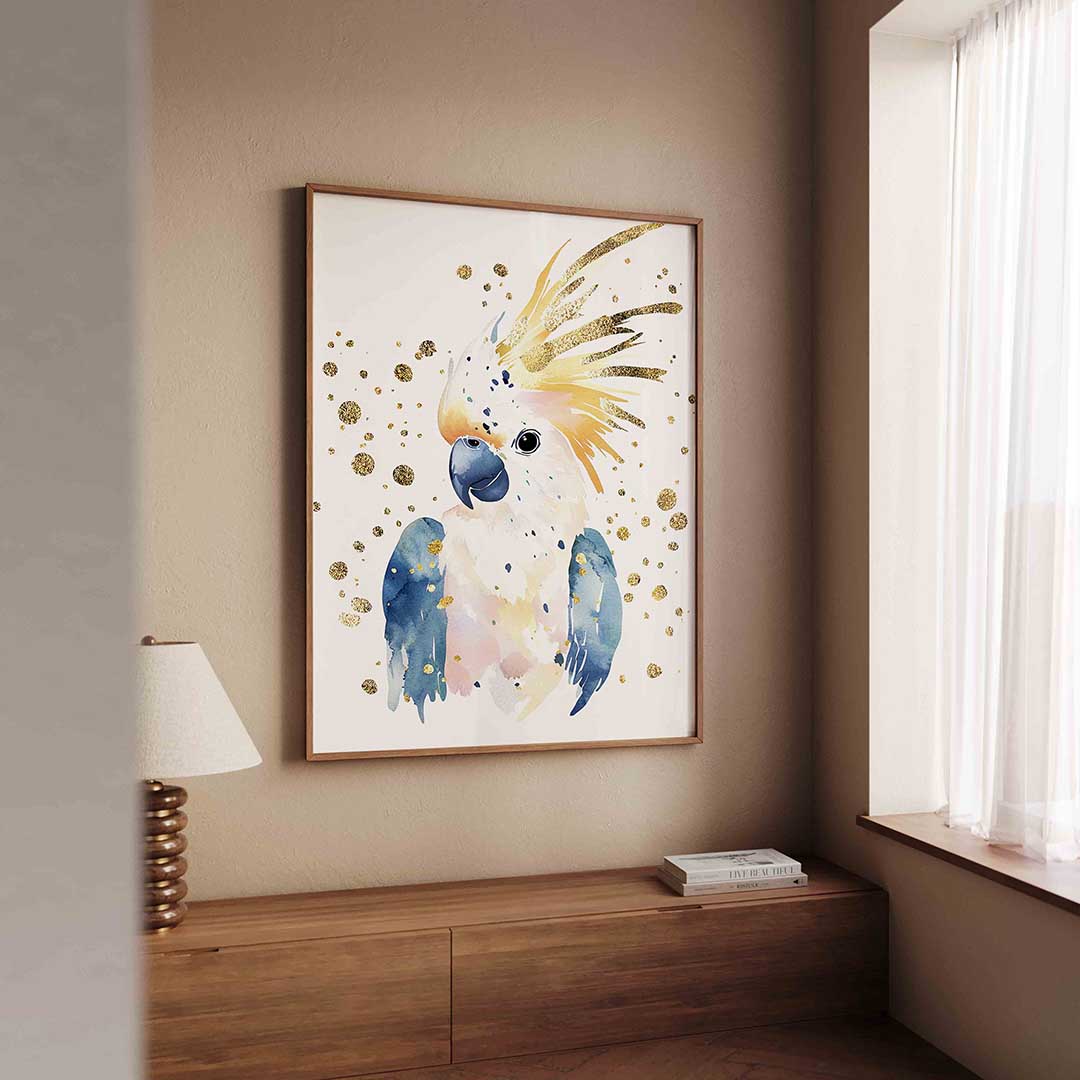 Papegaai met gouden accenten – dierenillustratie als portret poster