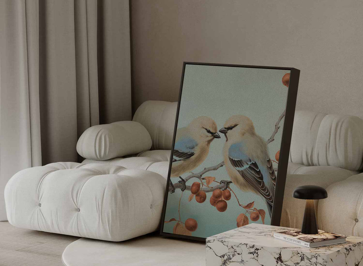 Twee Vogels op een Tak – plexiglas wanddecoratie in portret formaat