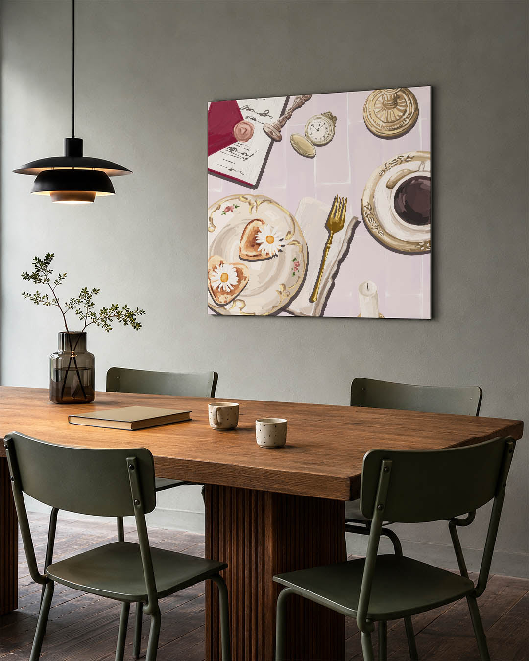 Ontbijtscène kunstwerk – tweede productweergave – dit werk toont een ontbijtscène met delicate serviesstukken, een gouden