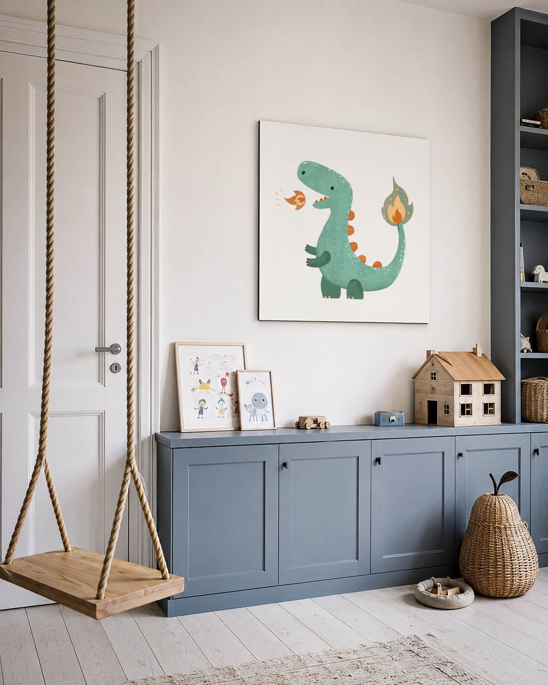 Speelse dinosaurus illustratie kunstwerk – vierkante wanddecoratie – dit werk toont een schattige dinosaurus met een speelse