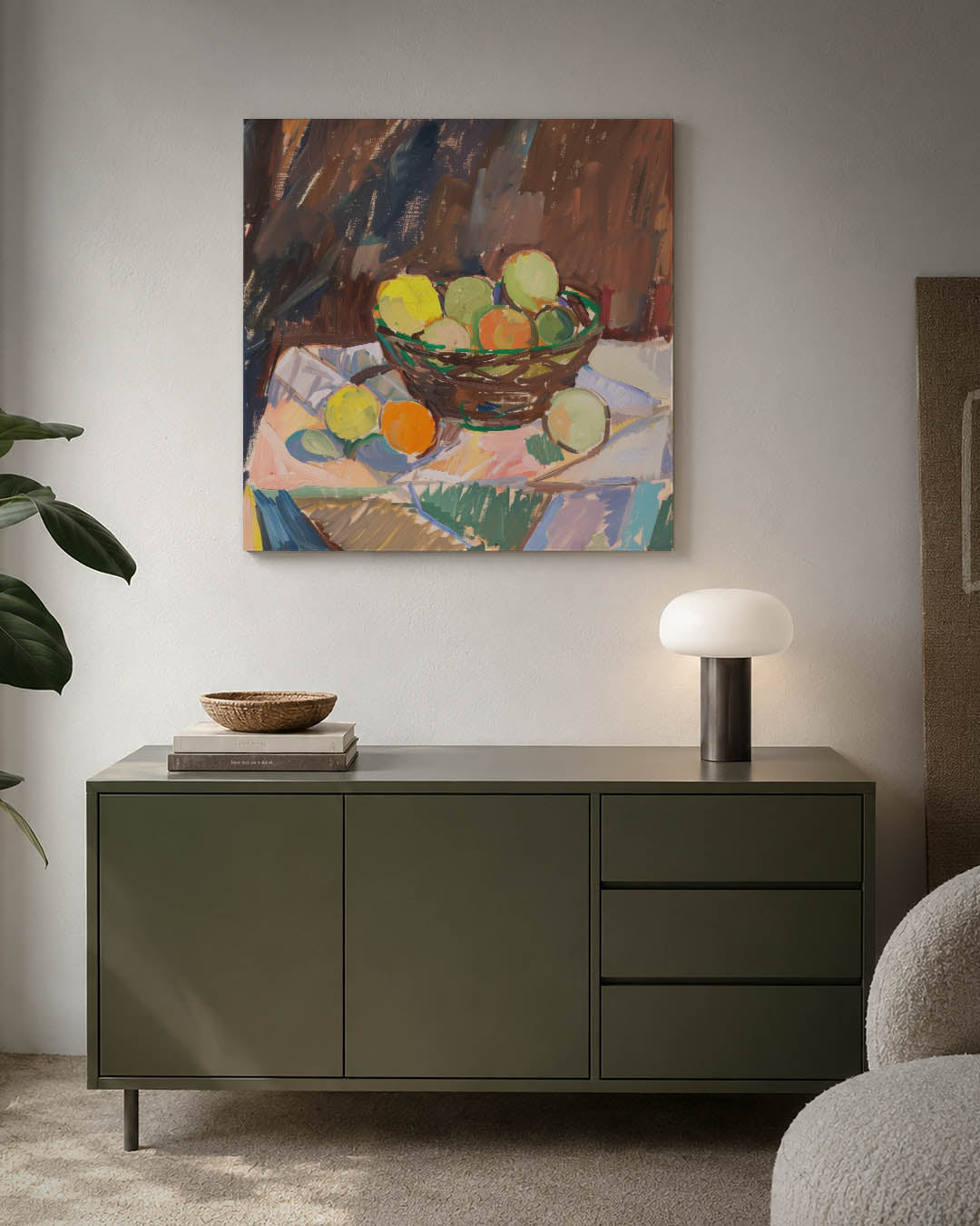 Fruit in mand kunstwerk – detailweergave – dit werk toont een mand met fruit op een tafel. De kleuren zijn levendig en de