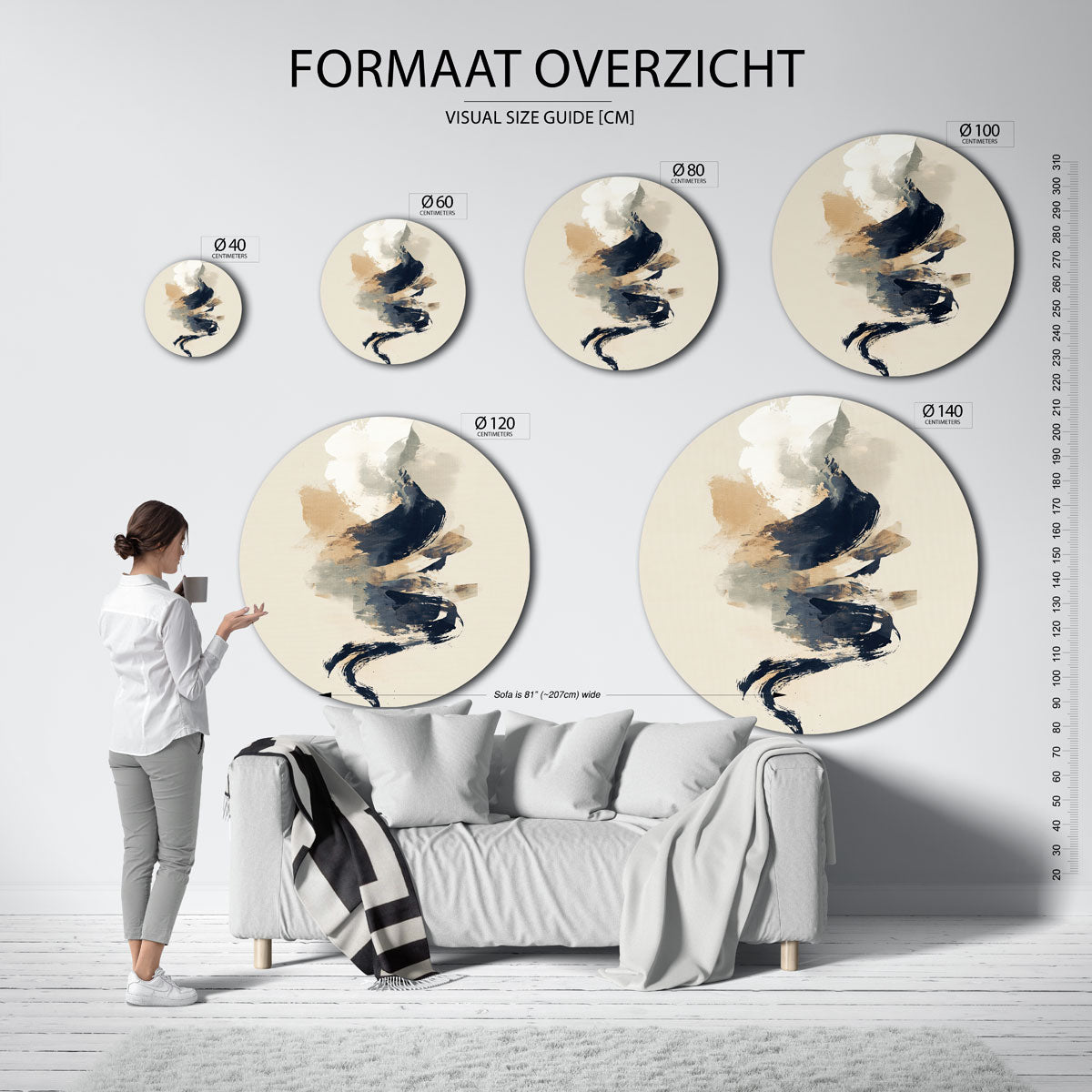 Abstracte penseelstreken – ronde muurdecoratie met vrouwelijk portret