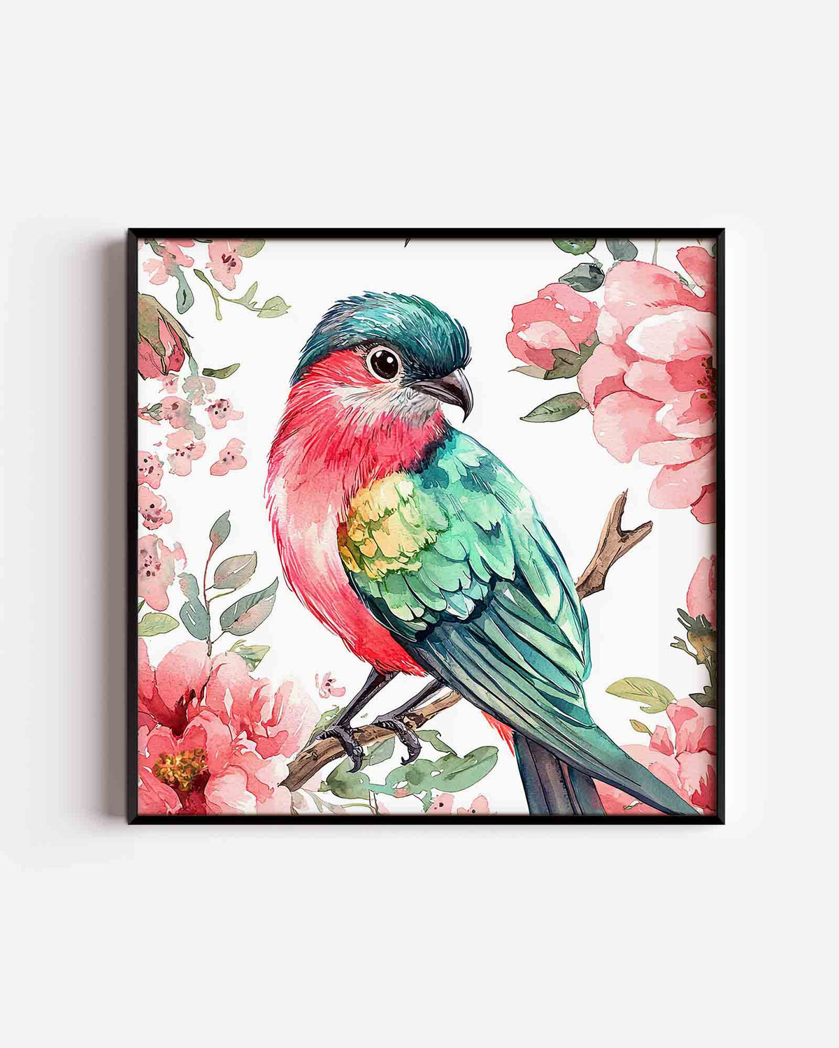 Vogel en bloemen – vierkante dierenposter als wanddecoratie