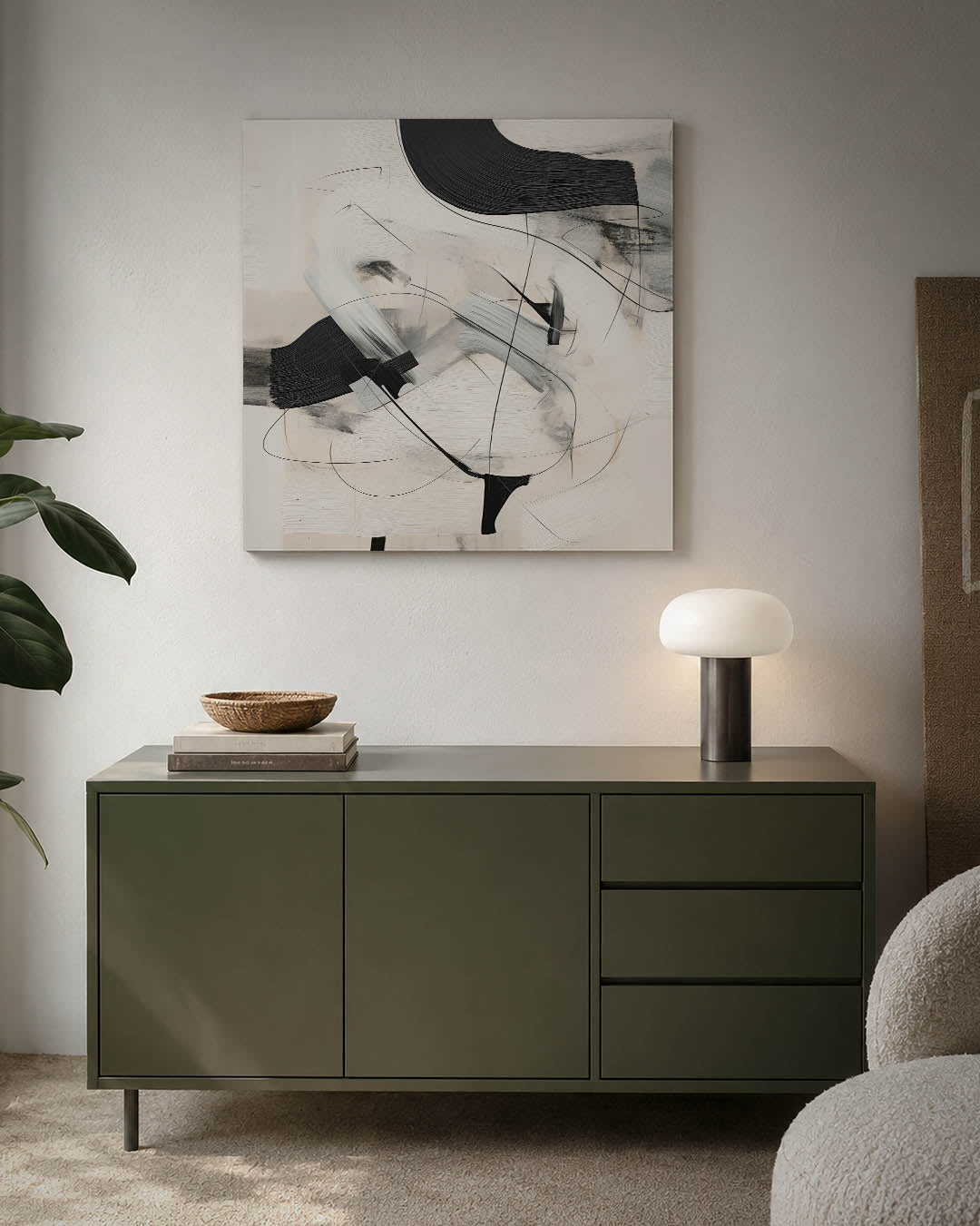 Dynamische lijnen compositie kunstwerk – detailweergave – dit kunstwerk toont vloeiende zwarte en witte lijnen die elkaar