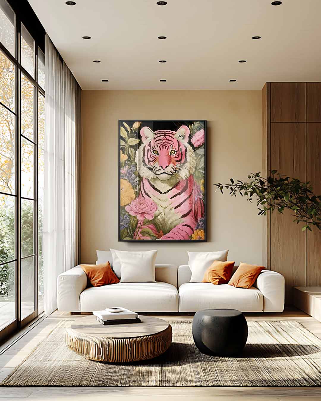 Roze Tijger in Bloemenzee – modern portret kunstwerk van WallArtistic