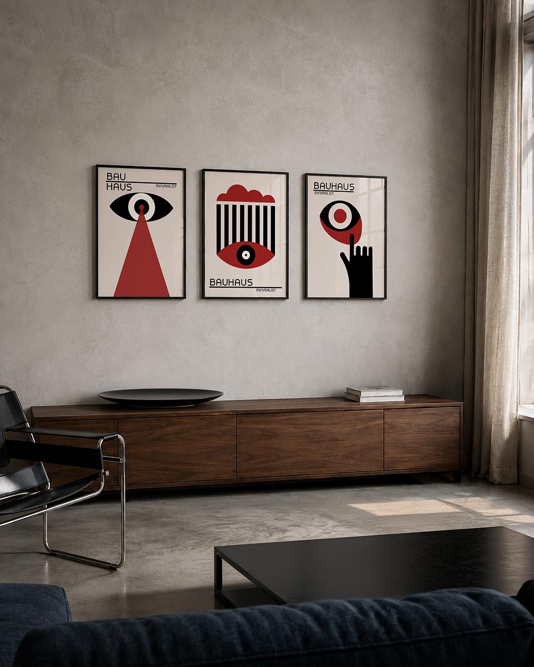 Oog en stralen posterset – tweede productweergave – een zwart ovaal oog met een wit centrum straalt een rode driehoek naar