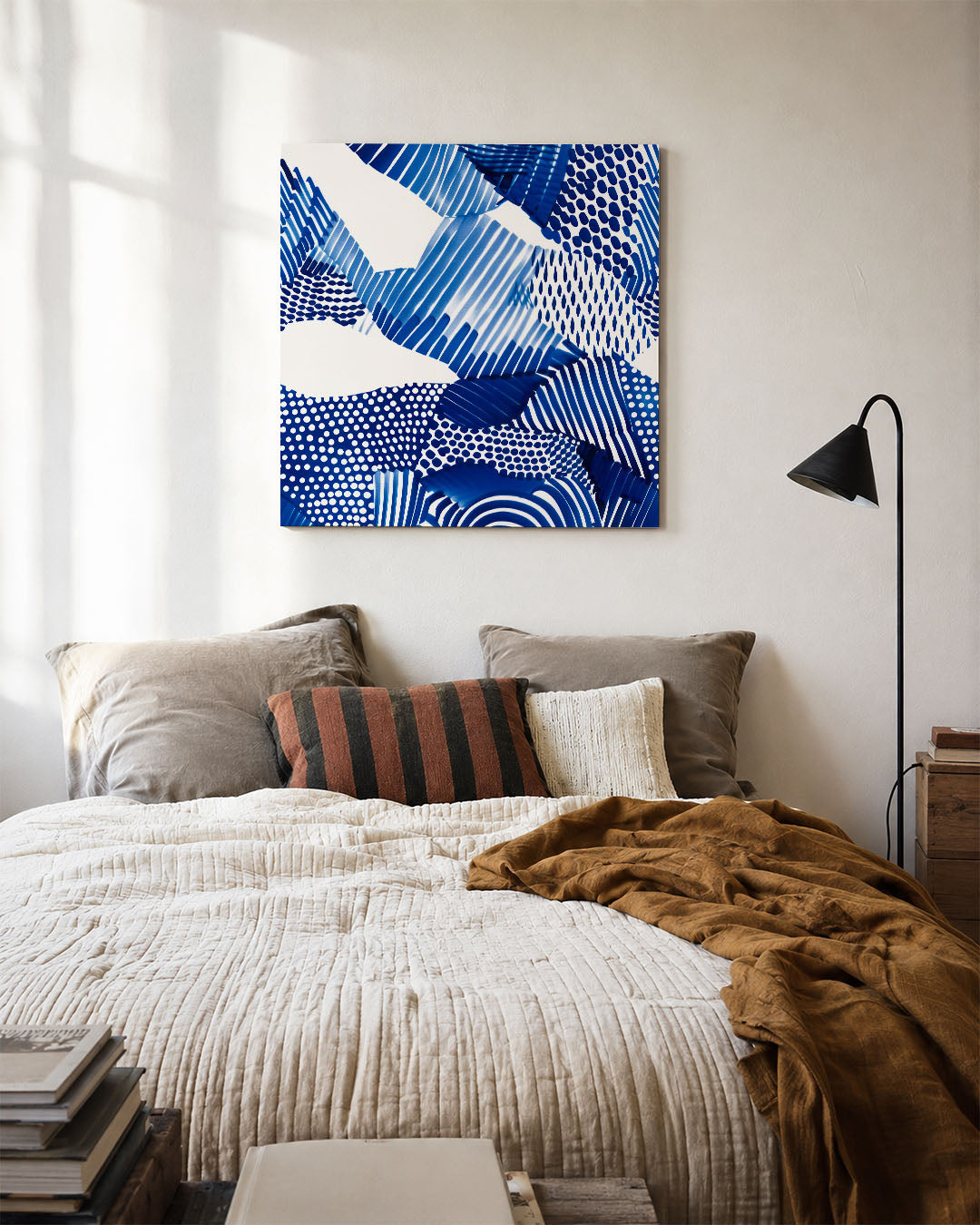 Dynamische patronen kunstwerk – detailweergave – dit kunstwerk toont een levendige compositie van blauwe en witte lijnen en