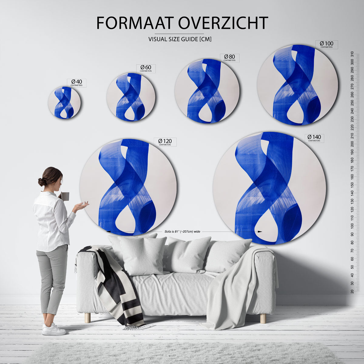 Blauwe vormen – ronde muurdecoratie met kleur en vorm