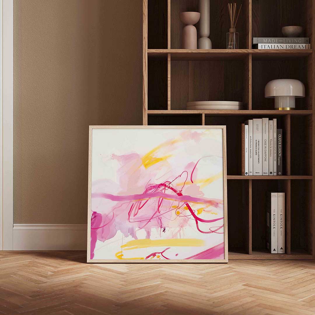 Abstracte roze en gele – vierkante wanddecoratie met kleur en vorm van WallArtistic