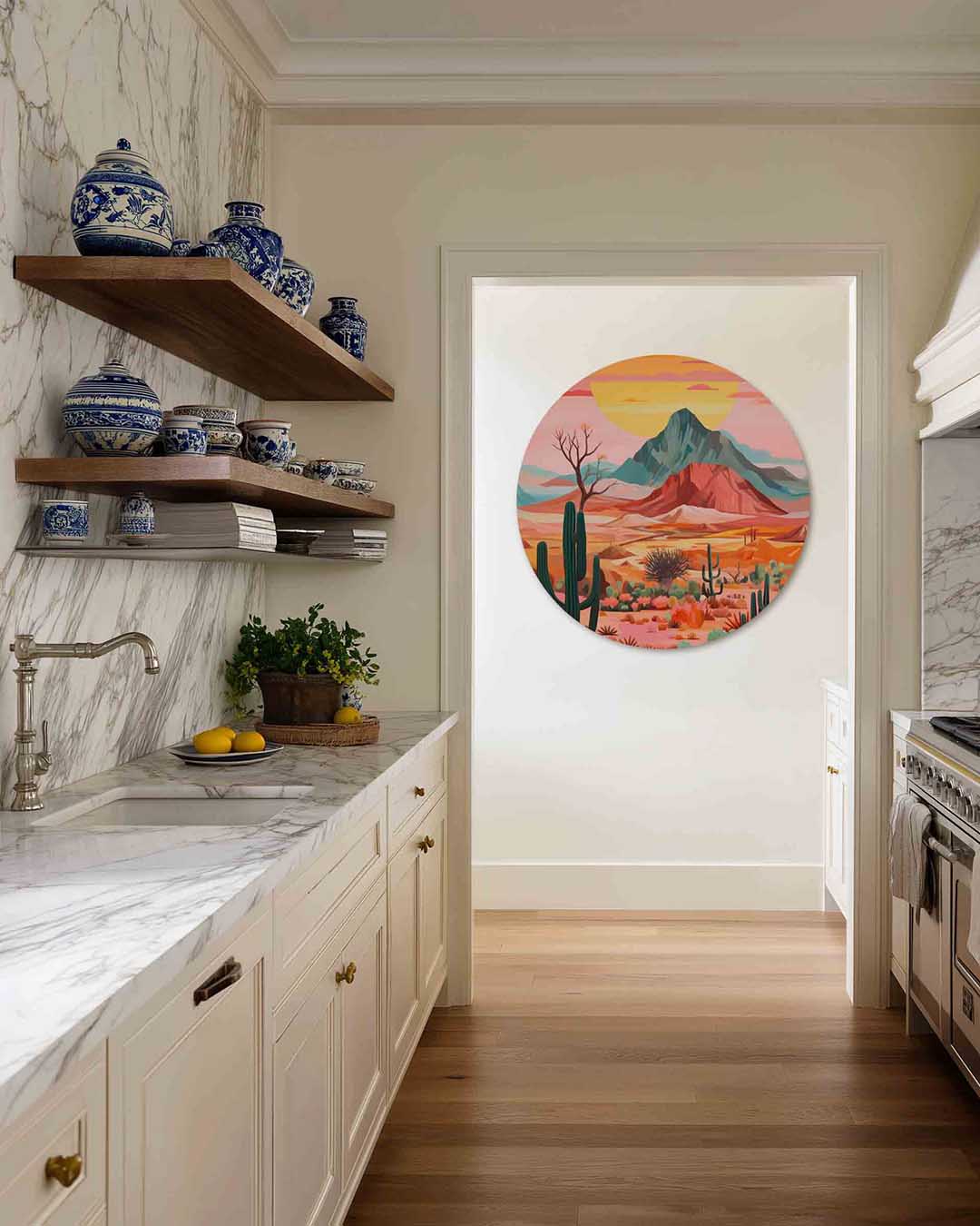 Zonsondergang woestijn – moderne abstracte muurcirkel voor aan de muur