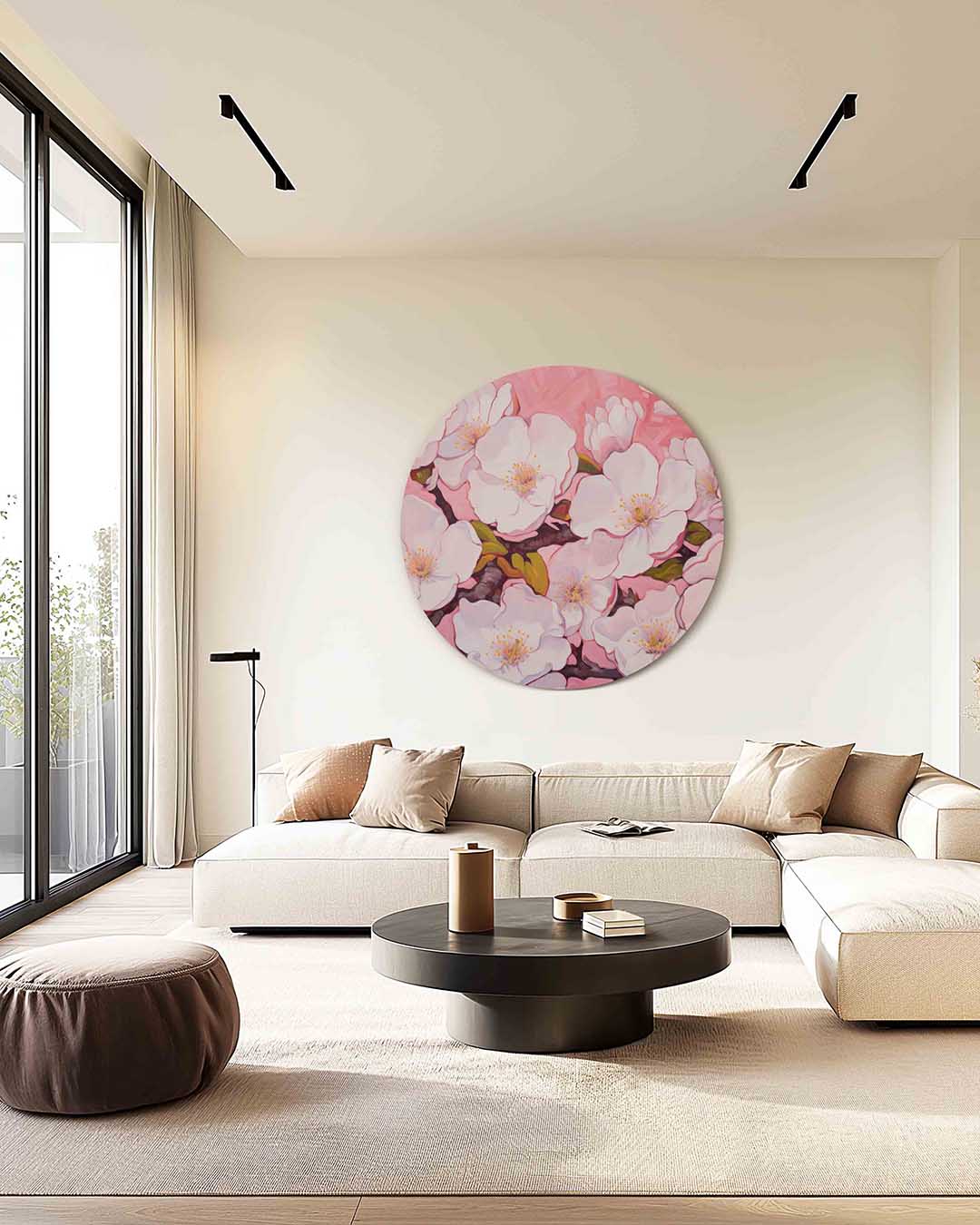 Bloesem op roze – kleurrijke muurcirkel als ronde wanddecoratie