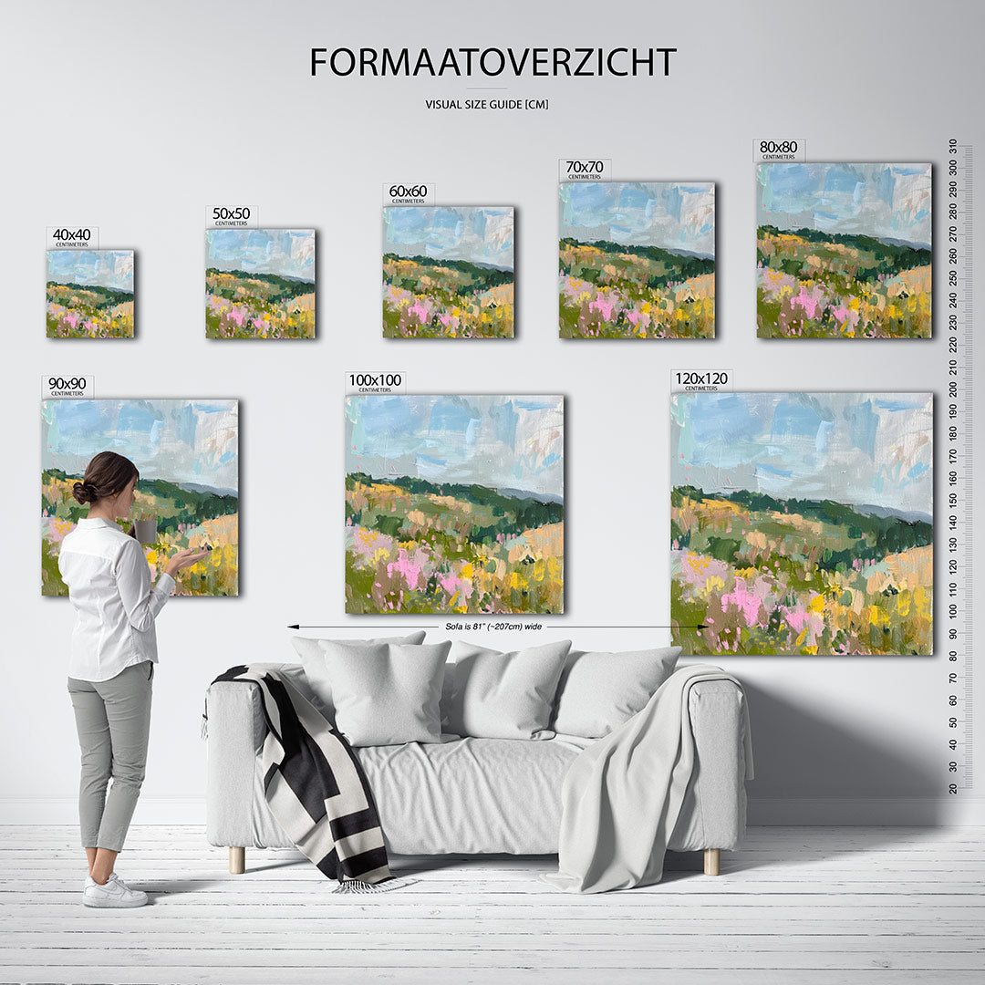 Kleurrijk landschap kunstwerk – sfeerbeeld – dit werk toont een levendig landschap met een mix van groene velden en een