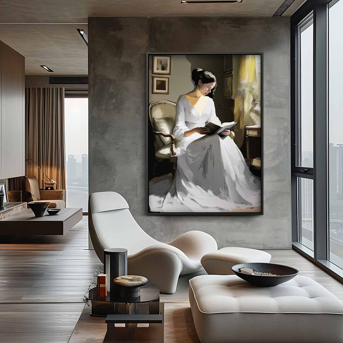 Vrouw Lezend in de Zonnestraal – staand kunstwerk voor modern interieur