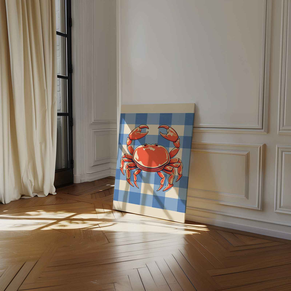 Vrolijke Krab op Blauw-Wit Patroon – staand kunstwerk voor modern interieur