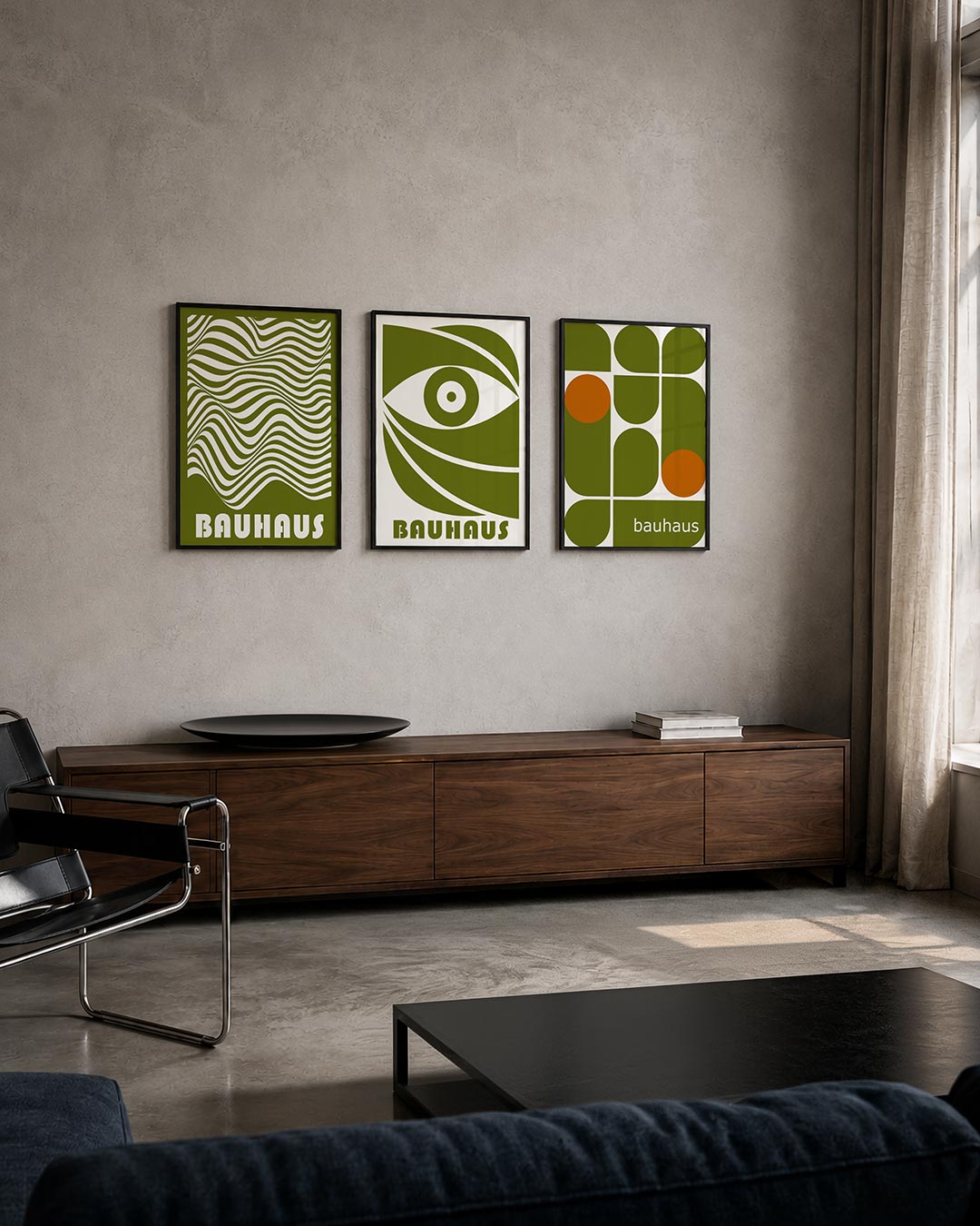Golvend lijnenspel posterset – tweede productweergave – deze posterset toont vloeiende lijnen in olijfgroen en wit, die een