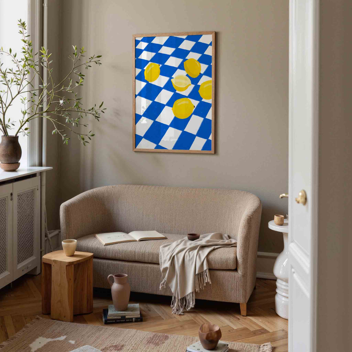 Citroenen op blauw wit – rustige poster in staand formaat