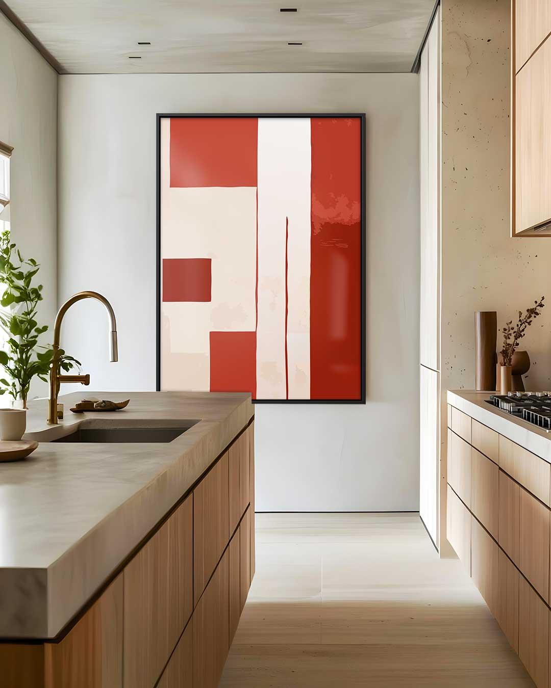 Abstracte Rood-Beige Compositie – dibond wanddecoratie in staand formaat