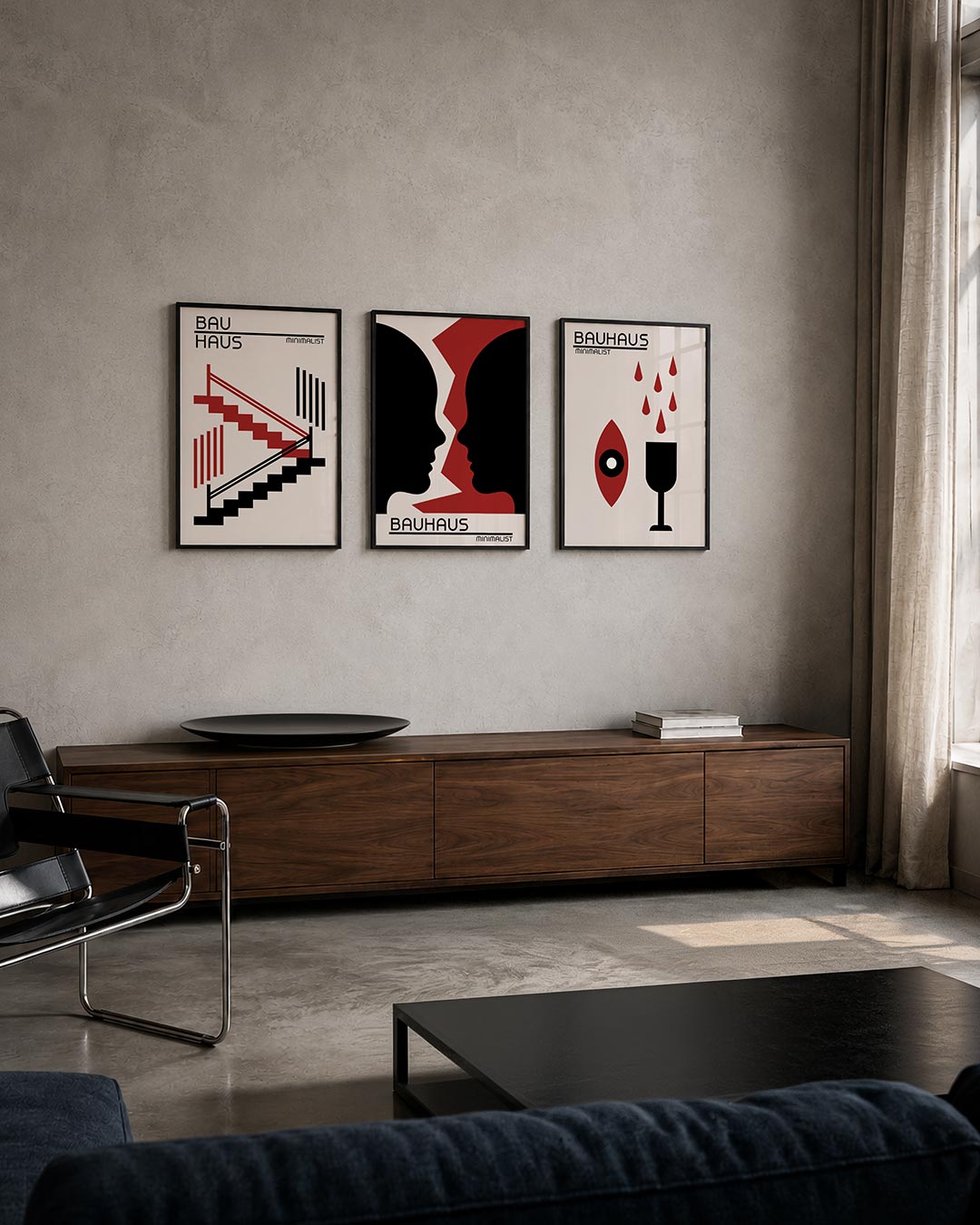 Trapvormen en lijnen posterset – tweede productweergave – deze posterset in drie delen toont een spel van rode en zwarte