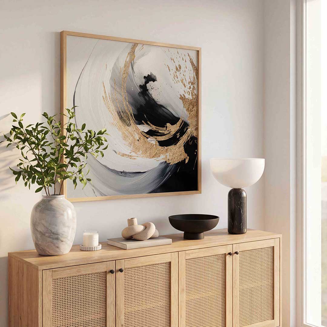 Abstracte zwart en goud – rustige abstracte wandkunst als vierkante poster