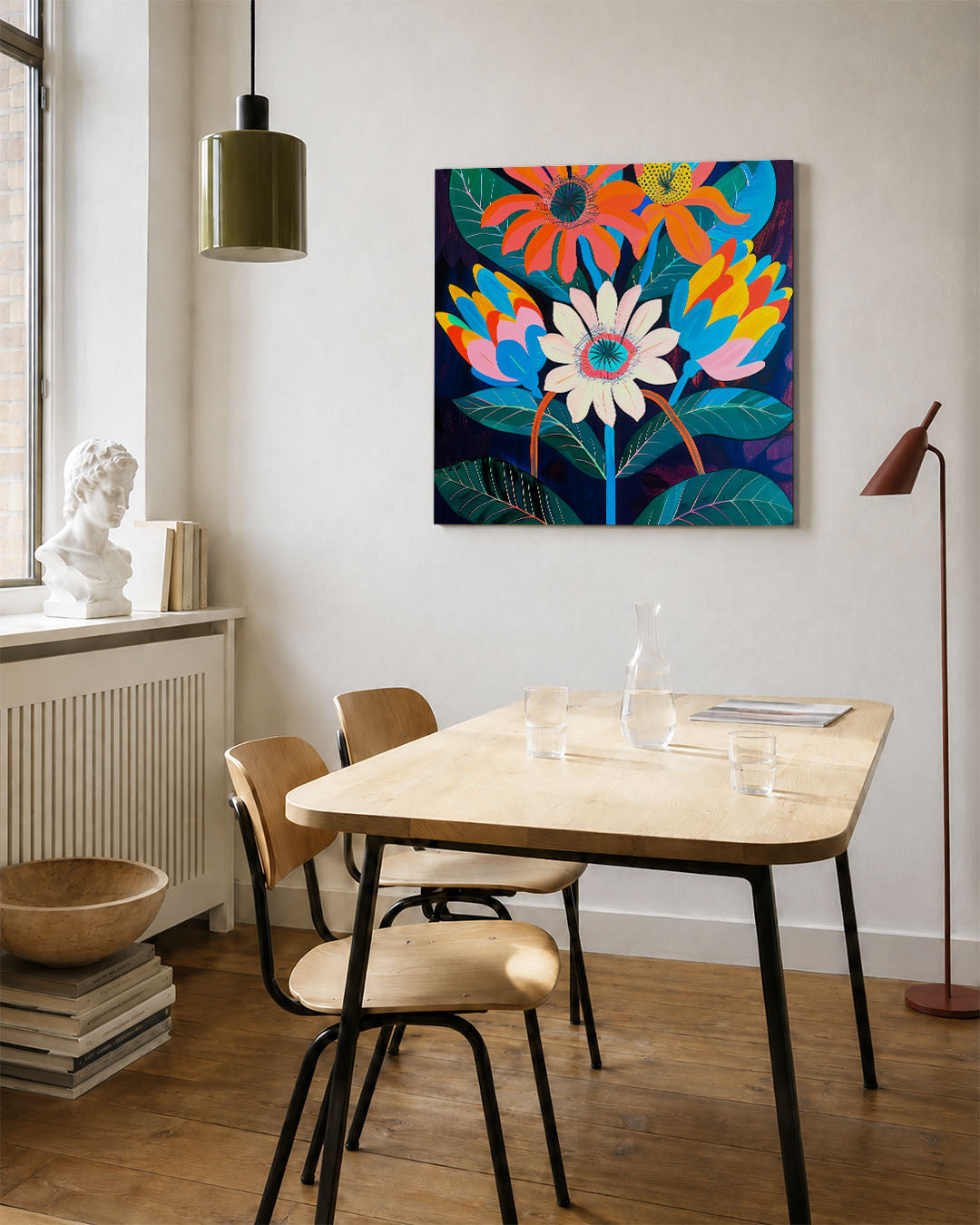 Bloemrijke kleurenpracht kunstwerk – vierkante wanddecoratie – dit kunstwerk toont een levendige compositie van kleurrijke