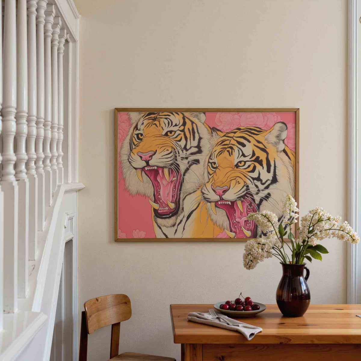 Twee tijgers op roze achtergrond – dieren poster in liggend formaat