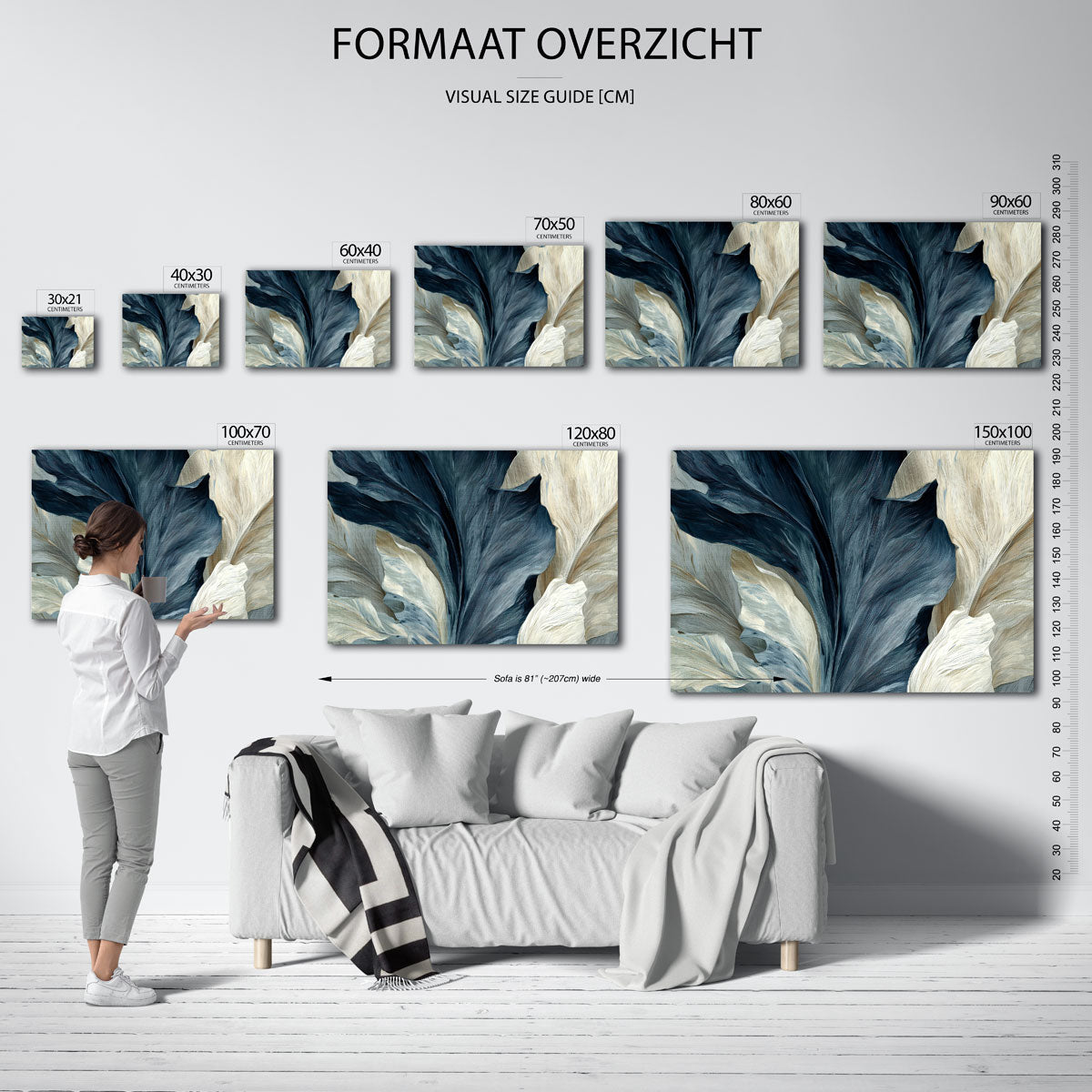 Bladeren in blauw en beige – liggende muurposter met abstracte vormen