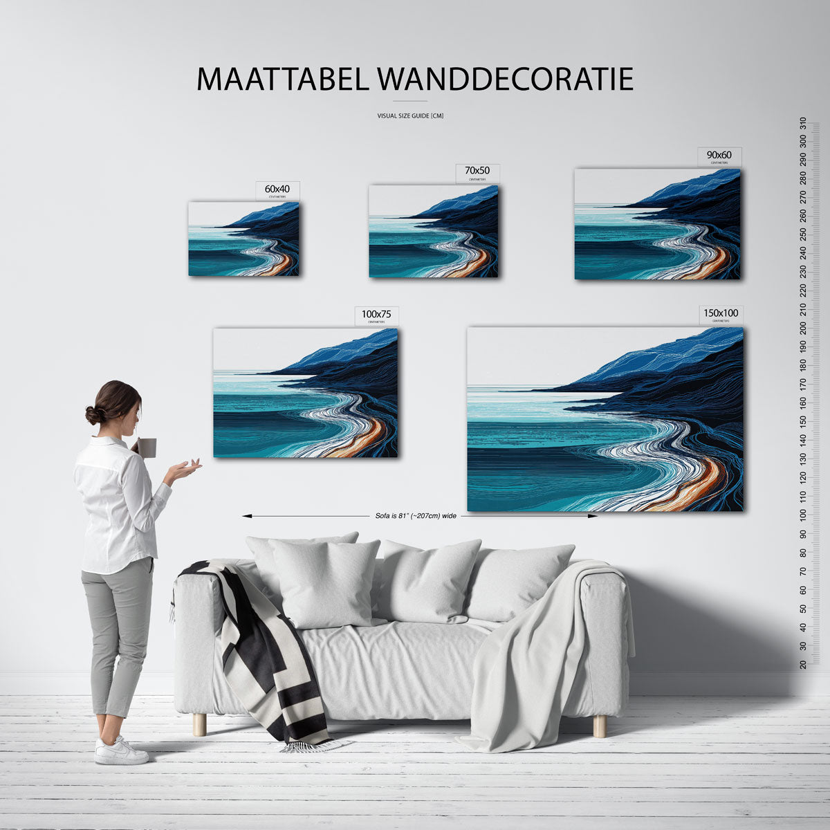 Golvende kustlijnen – moderne liggende wandkunst