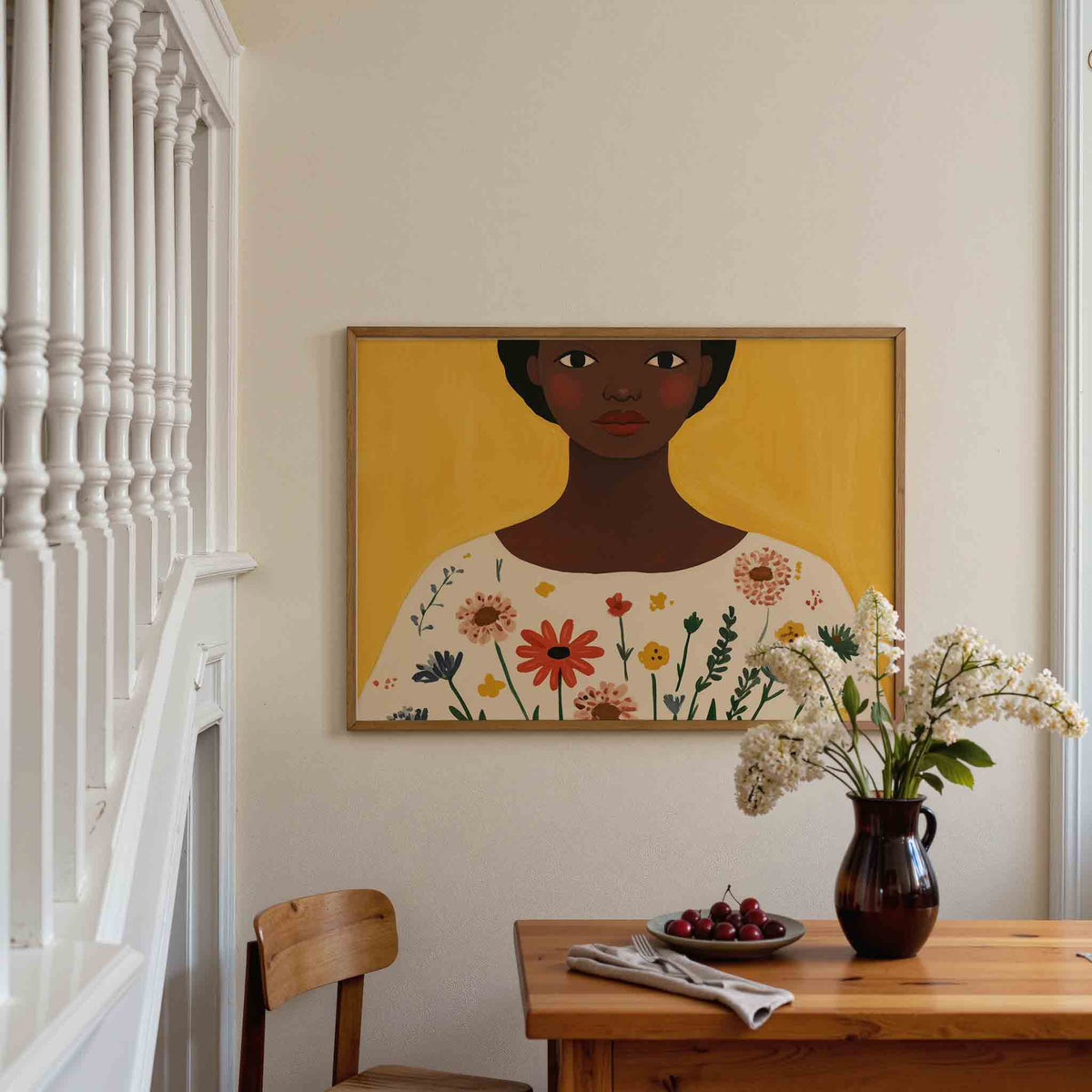 Vrouw met bloemen – liggende illustratie poster als wanddecoratie