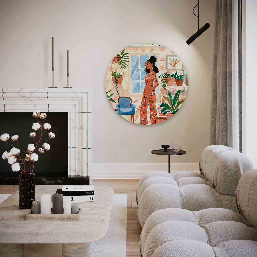 Vrouw in interieur – kleurrijke illustratie muurcirkel als wanddecoratie